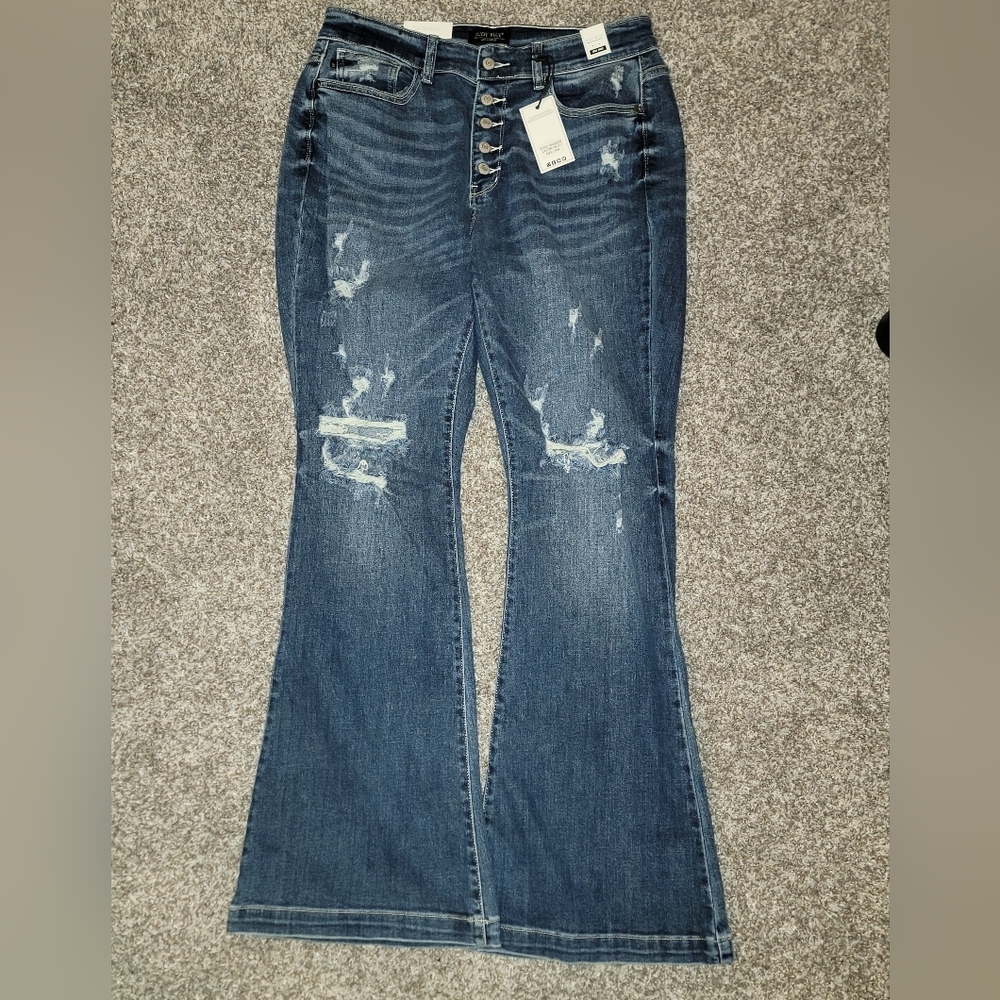 Judy Blue Dark Blue Trouser Flare Jeans - Button Fly - Picture 2 of 3